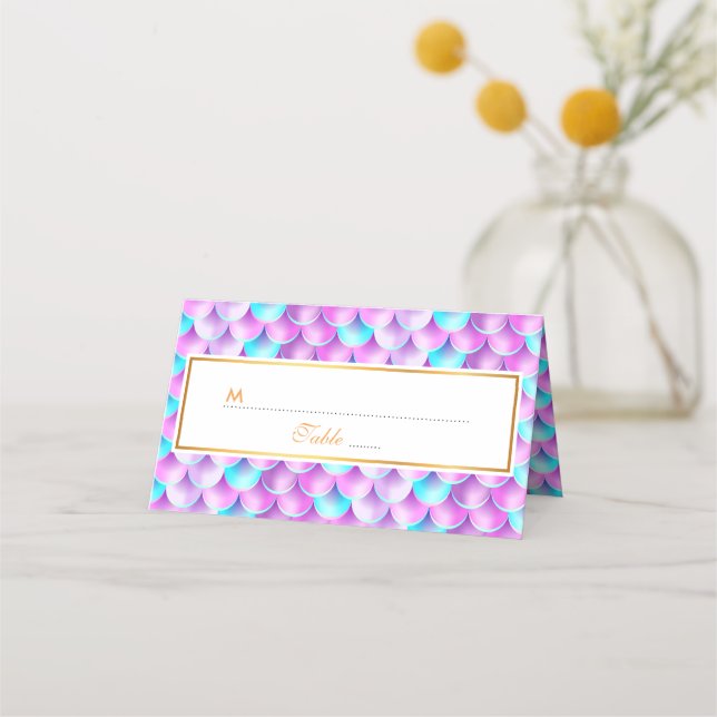 Holografisches Mermaid-Muster blau lila Platzkarte (Vorderseite)