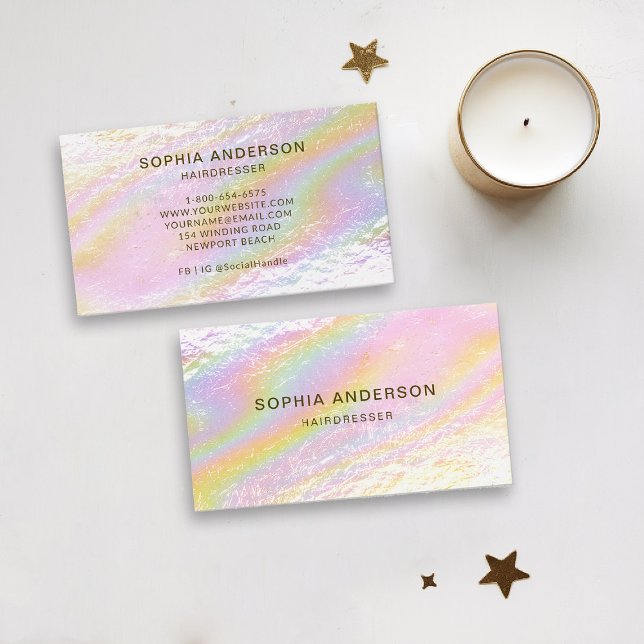 Holografisches Pinsel Modernes Minimalistisches El Visitenkarte (holographic business card pink rainbow modern hairdresser stylist coach content creator photographer)