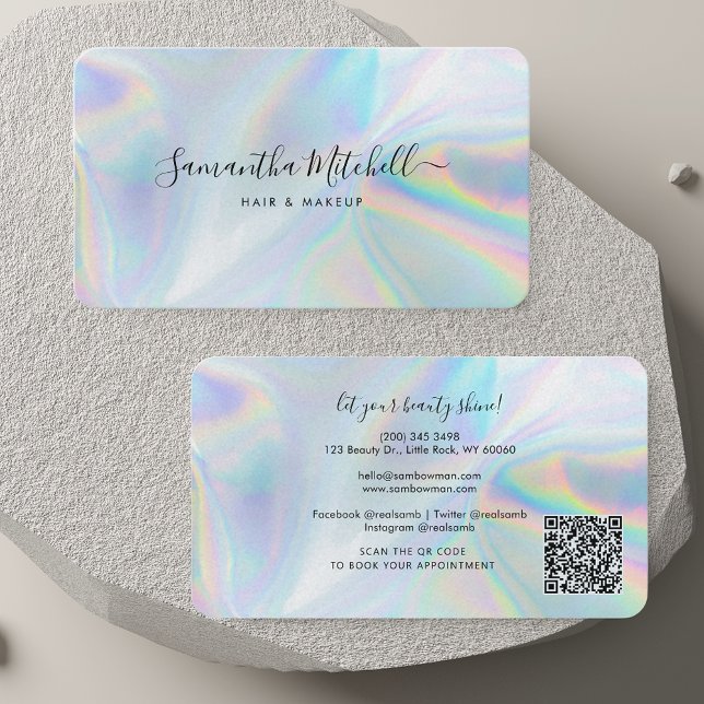 Holografisches QR-Code-Script-Frisur- und Make-up- Visitenkarte (Holographic QR Code Script Hair and Makeup Salon Business Card)