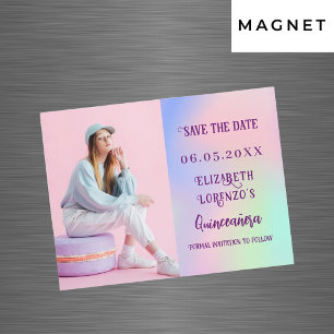 Holografisches rosa Foto Quinceanera Save the Date Magnetkarte