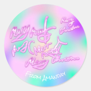 Holografisches Rosa frohe Weihnachten von Name Gir Runder Aufkleber