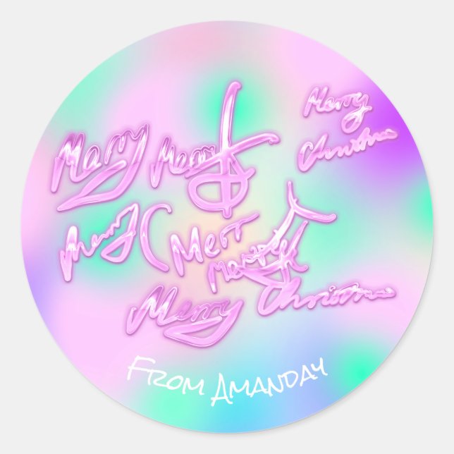 Holografisches Rosa frohe Weihnachten von Name Gir Runder Aufkleber (Vorderseite)