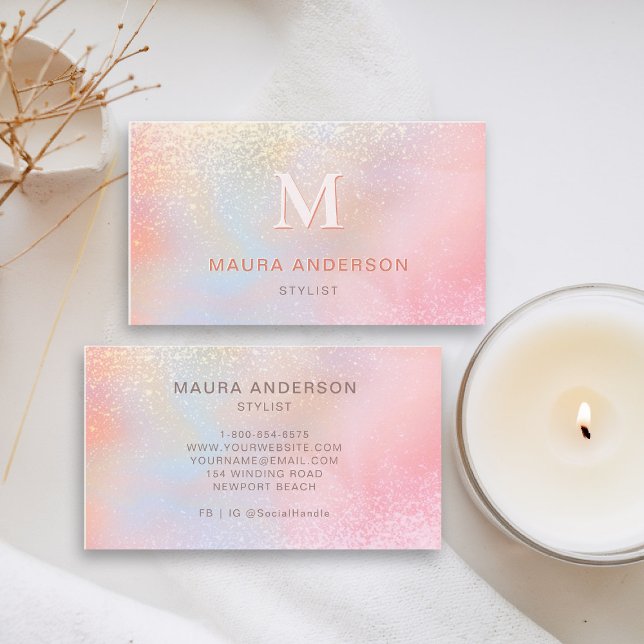 Holografisches Rosa Modernes Monogramm-Elegant Visitenkarte (holographic business card pink blush shimmer hairdresser stylist coach artist lash nails makeup)