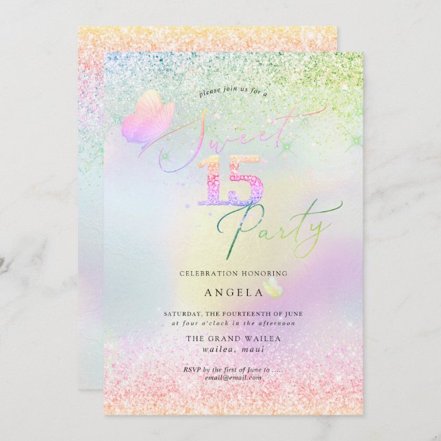 Holografisches Sweet 15 Pink Diamond Glitzer Einladung (Vorne/Hinten)