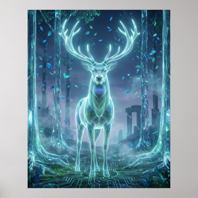 Hologramm-Hirsch Elektrischer Wald Poster (Vorne)