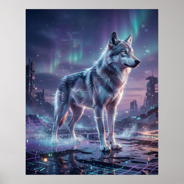 Hologramm Wolf Glitch Wüste Poster (Vorne)