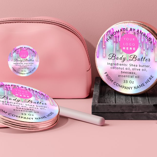 Holograph Custom Logo Name Body Gold Tropfen Pink Runder Aufkleber (Von Creator hochgeladen)