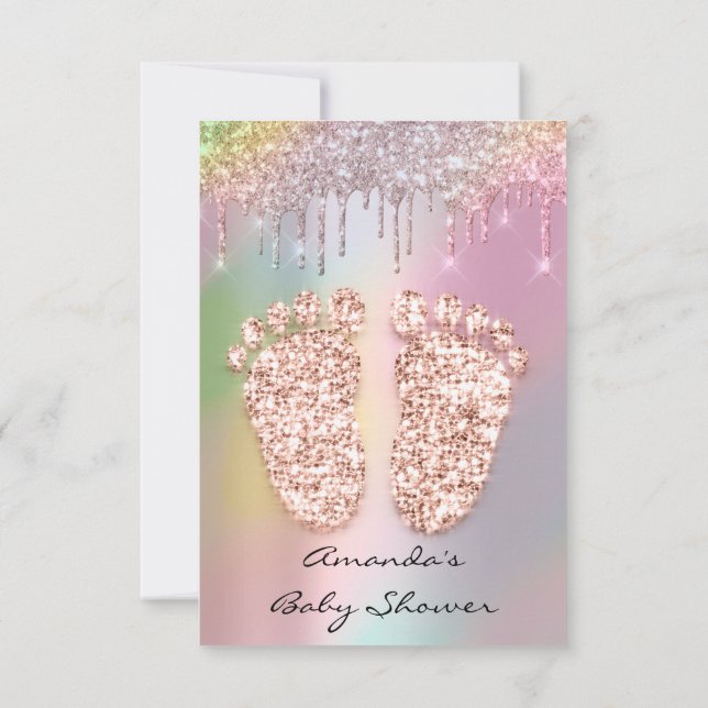 HolographGlitter Tropfens Rose Gold Baby Shower Fe Einladung (Rückseite)