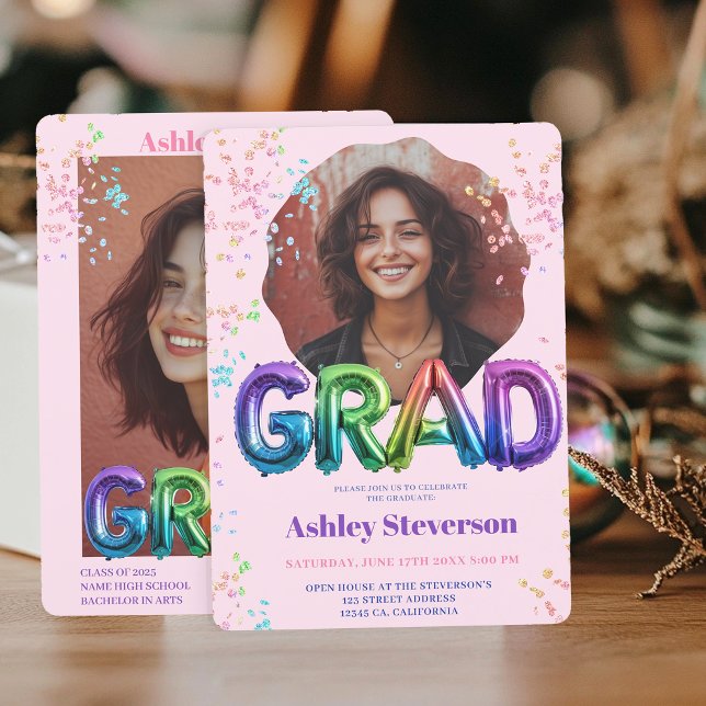 Holographic Balloon Letters Abschluss 2 Fotos Einladung (Holographic Balloon Lettering Graduation 2 Photos Invitation)