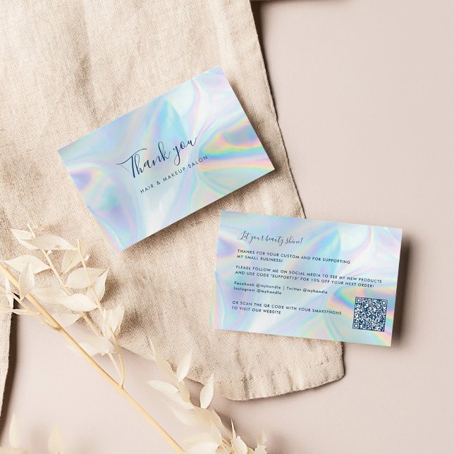 Holographic Beauty Salon QR Code Script Vielen Dan Visitenkarte (Business Thank You Card with Custom QR Code)