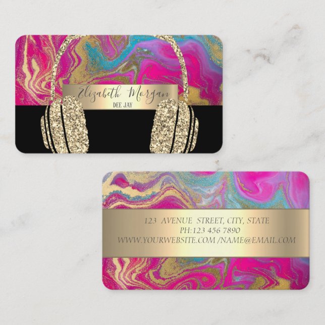 Holographic Black Gold Glitzer Headphone DJ Visitenkarte (Vorne/Hinten)