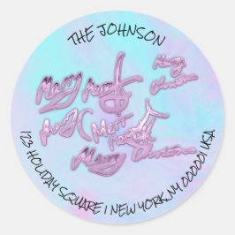 Holographic Blue Frohe Weihnachten aus Name-Adress Runder Aufkleber