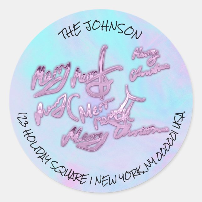 Holographic Blue Frohe Weihnachten aus Name-Adress Runder Aufkleber (Vorderseite)