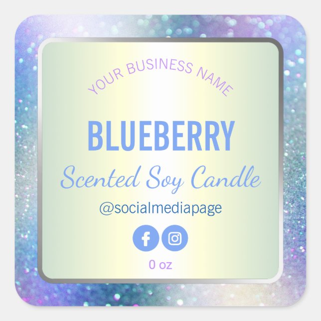 Holographic Blue Glitzer Product Label Quadratischer Aufkleber (Vorderseite)