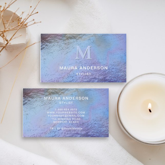 Holographic Blue Lila Modern Monogram Elegant Visitenkarte (holographic business card teal blue purple navy lavender shimmer hairdresser stylist coach artist )