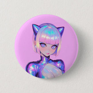 Holographic Catgirl Cyber Pop Portrait Button