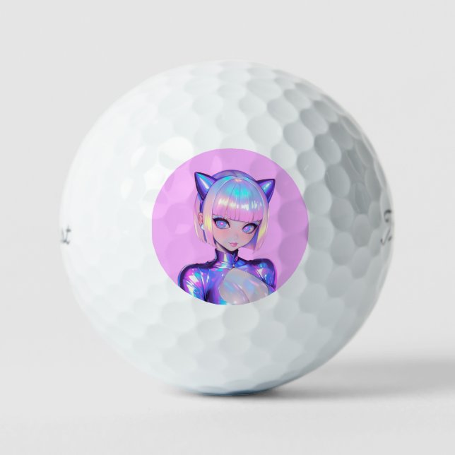 Holographic Catgirl Cyber Pop Portrait Golfball (Vorderseite)