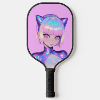 Holographic Catgirl Cyber Pop Portrait Pickleball Schläger