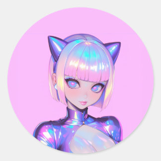 Holographic Catgirl Cyber Pop Portrait Runder Aufkleber
