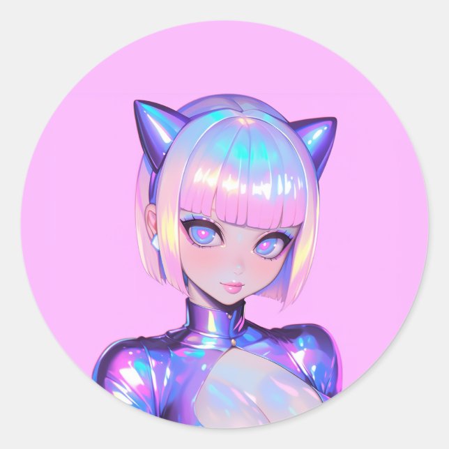 Holographic Catgirl Cyber Pop Portrait Runder Aufkleber (Vorderseite)