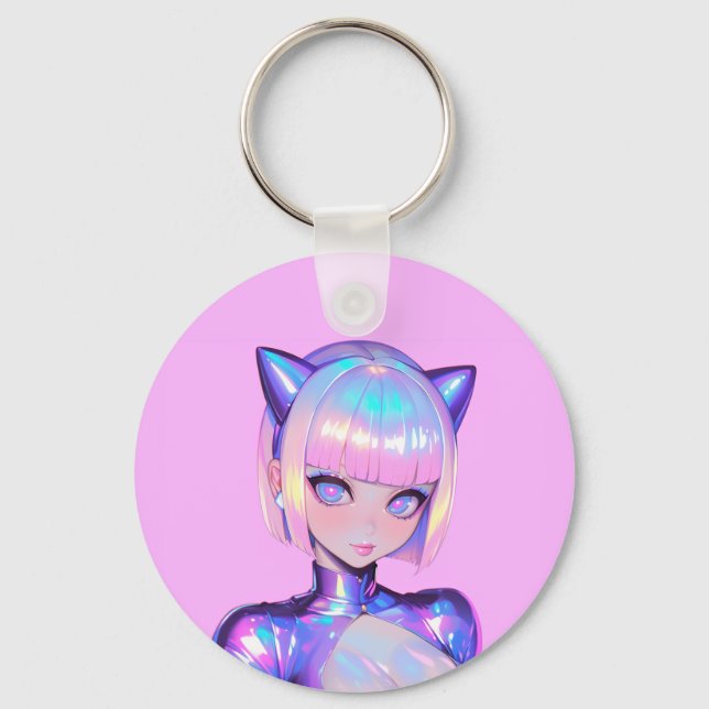 Holographic Catgirl Cyber Pop Portrait Schlüsselanhänger (Vorderseite)