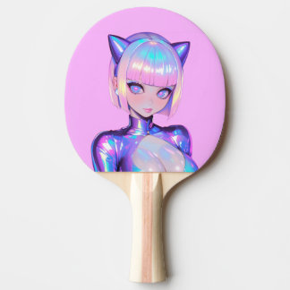 Holographic Catgirl Cyber Pop Portrait Tischtennis Schläger