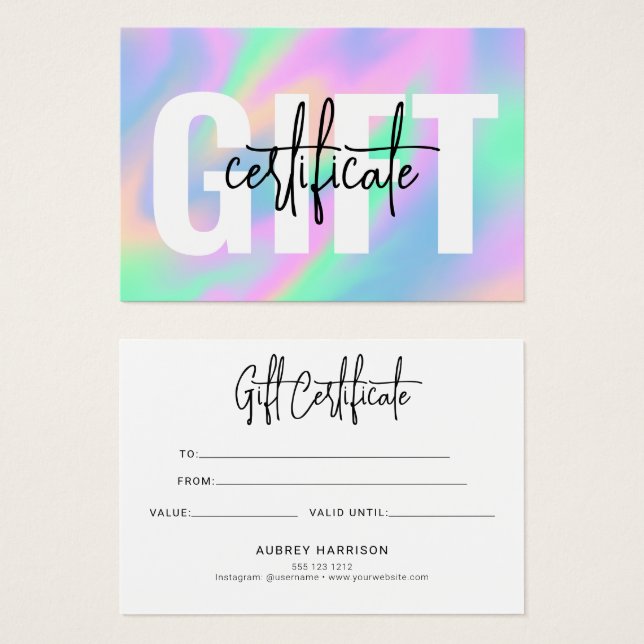 Holographic Chic Script Geschenkgutschein (Vorne & Hinten)