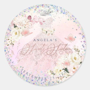 Holographic Confetti 16 . Geburtstag Blush Pink Go Runder Aufkleber