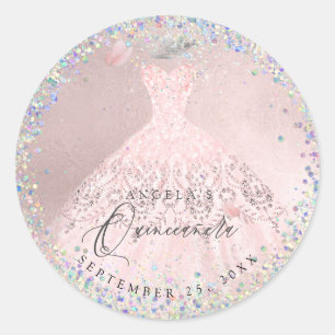 Holographic Confetti Quinceanera Blush Gown Runder Aufkleber