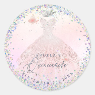 Holographic Confetti Quinceanera Blush Pink Gown Runder Aufkleber