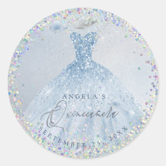 Holographic Confetti Quinceanera Dusty Blue Gown Runder Aufkleber