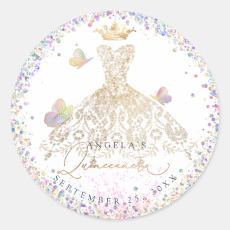 Holographic Confetti Quinceanera White Gold Gown Runder Aufkleber