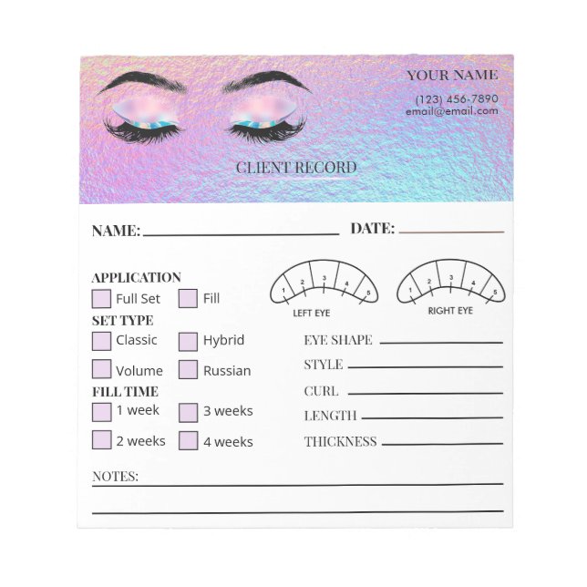 Holographic Eyelash Client Record Form Notizblock (Vorderseite)