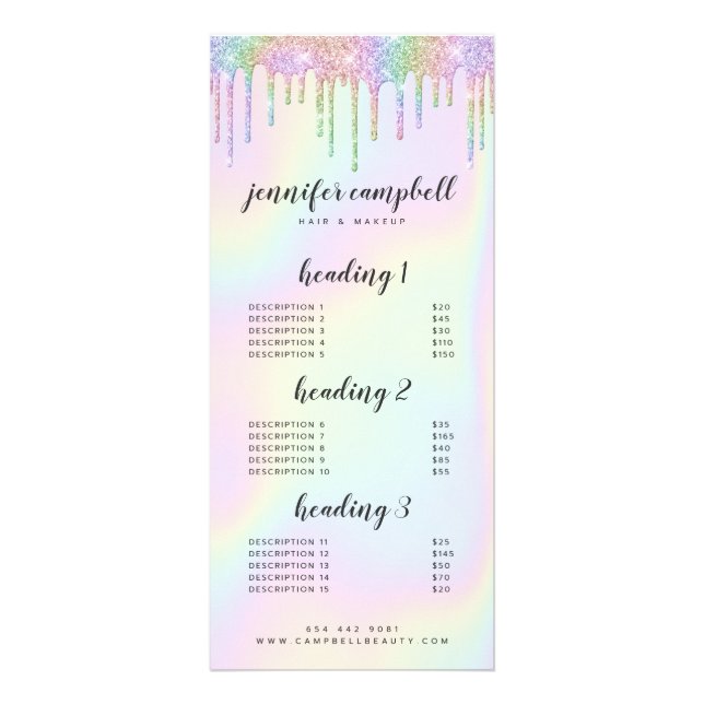 Holographic glitter drips glam salon menu werbekarte (Vorne)