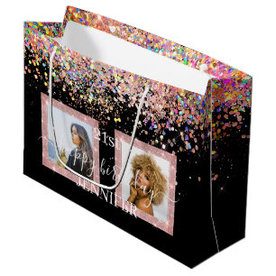 Holographic Glitzer Custom Foto Birthday Black Große Geschenktüte