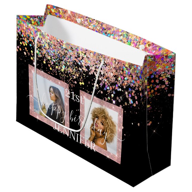 Holographic Glitzer Custom Foto Birthday Black Große Geschenktüte (Vorderseite Schrägansicht)