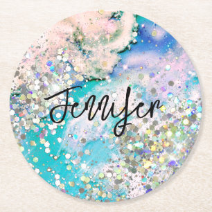 Holographic Glitzer elegant Blue Aquamarin Marble  Runder Pappuntersetzer