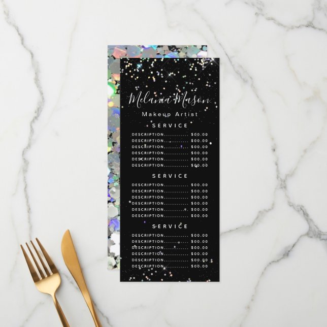 Holographic Glitzer Makeup Artist Black Price Menu Menükarte (Vorderseite/Rückseite Beispiel)