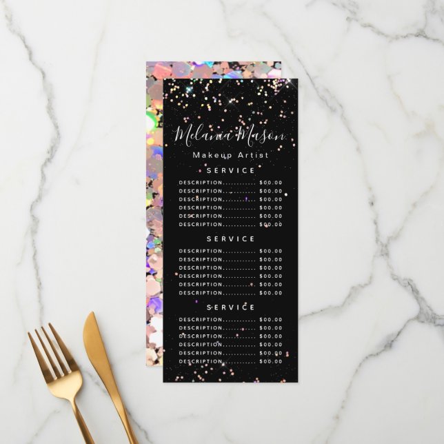 Holographic Glitzer Makeup Artist Black Price Menu Menükarte (Vorderseite/Rückseite Beispiel)