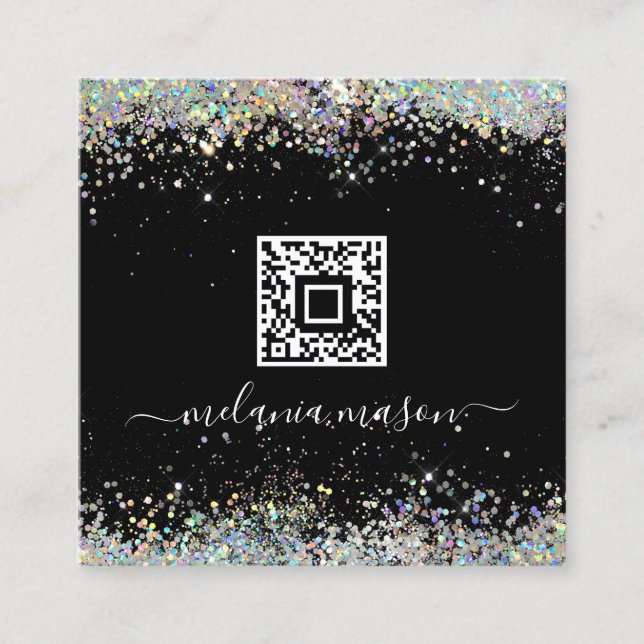 Holographic Glitzer Nail Artist Black QR Code Chic Quadratische Visitenkarte (Vorderseite)