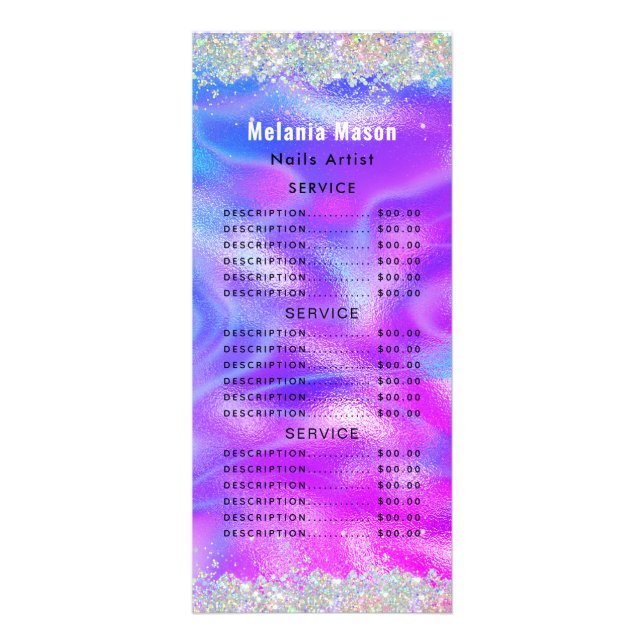 Holographic Glitzer Nail Salon Price Menu Lila Werbekarte (Vorne)
