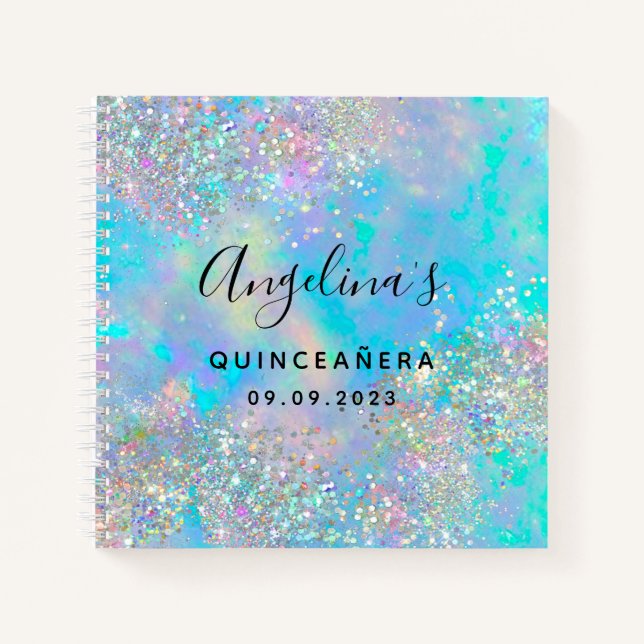Holographic Glitzer Opal Quinceañera Gästebuch Notizbuch (Vorderseite)