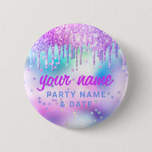 Holographic Glitzer Tropfen Lila Party Name Gefall Button