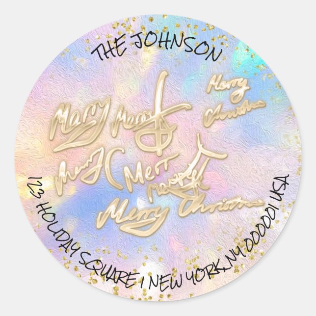Holographic Gold Frohe Weihnachtsname Anschrift de Runder Aufkleber (Vorderseite)