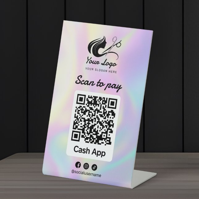 Holographic Hair Salon Logo Cashapp Scan to Pay Sockelschild (Von Creator hochgeladen)