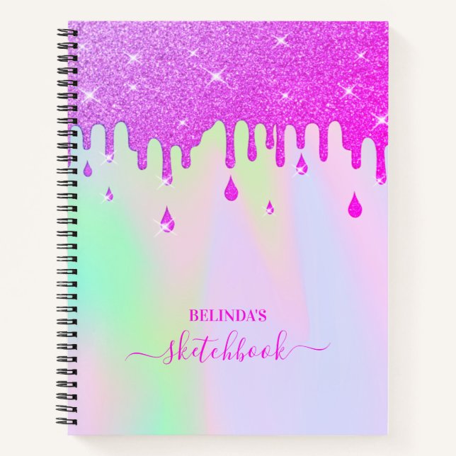 Holographic Hot Pink Glitzer Tropfens Sketchbook Notizbuch (Vorderseite)