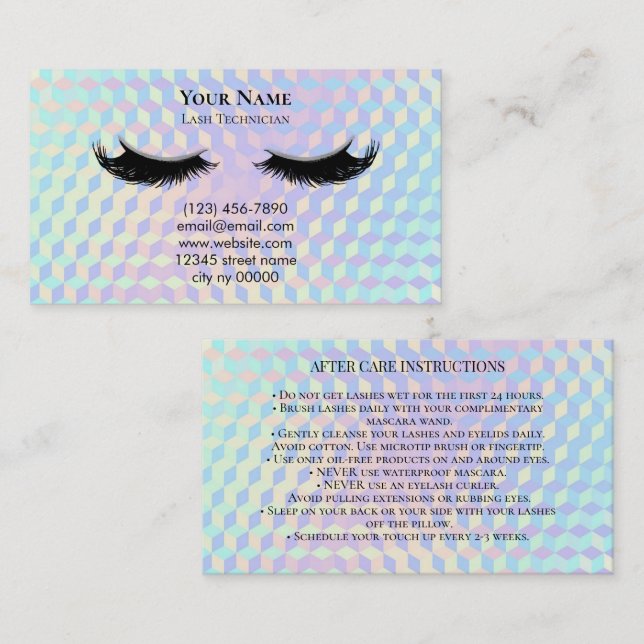 Holographic Lash Technician After care Card Terminkarte (Vorne/Hinten)