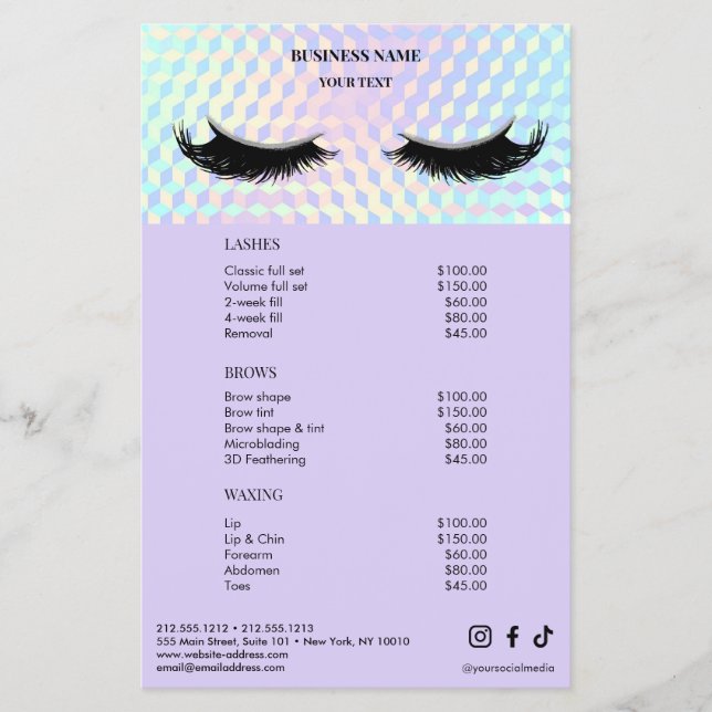 Holographic Lashes Salon Price List Menu Flyer (Vorne)