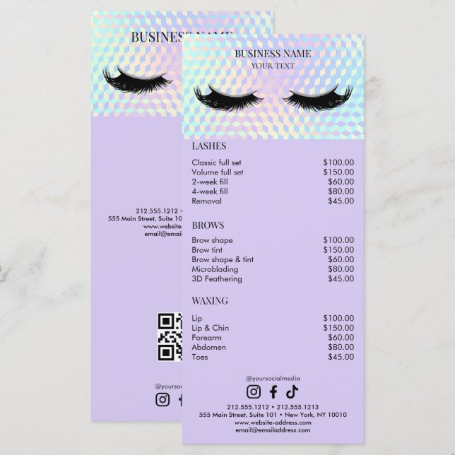 Holographic Lashes Salon Price List Menükarte (Vorne/Hinten)