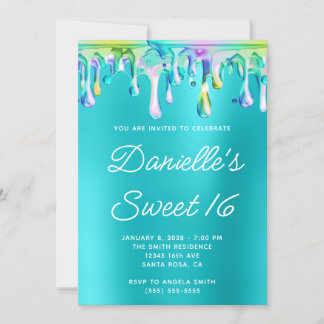 Holographic Liquid Tropfen Turquoise Blue Sweet 16 Einladung